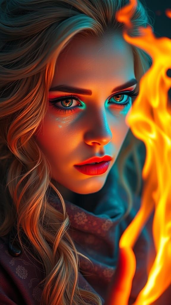 Magical Woman Conjuring Fire in Surreal Style