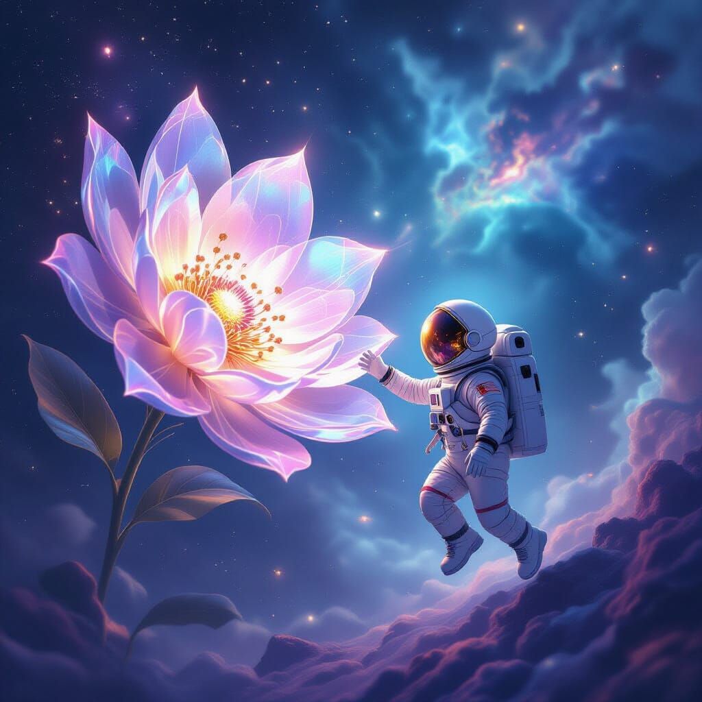 Astronaut Child Reaches for Cosmic Crystal Flower