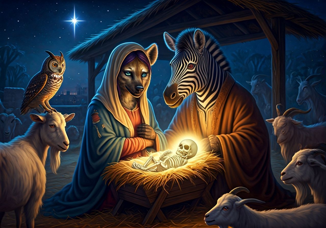 Whimsical Nativity Scene with Hyena and Zebra