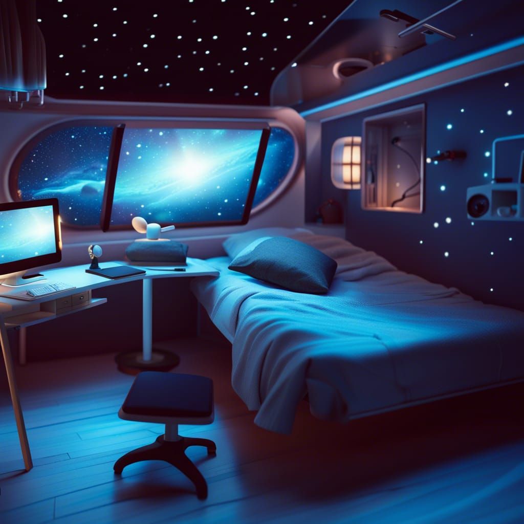 Whimsical Bedroom in Space Station with Starry View