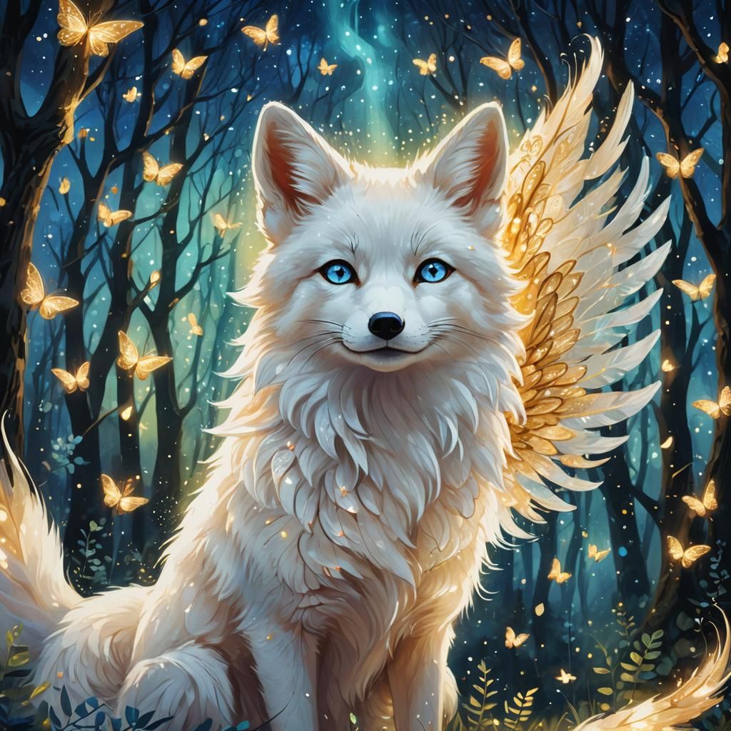 Anime Fox Spirit with Golden Wings in Magical Forest