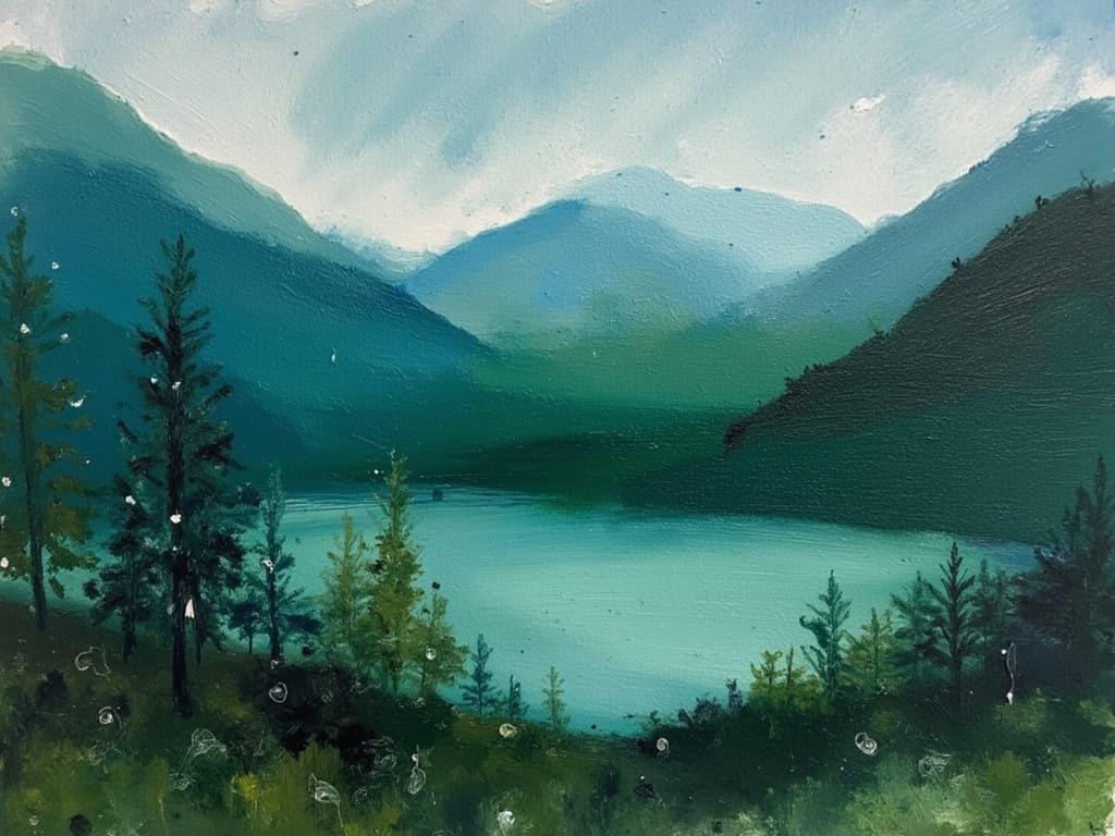 Abstract Landscape of Mountains, Firs, and Lake