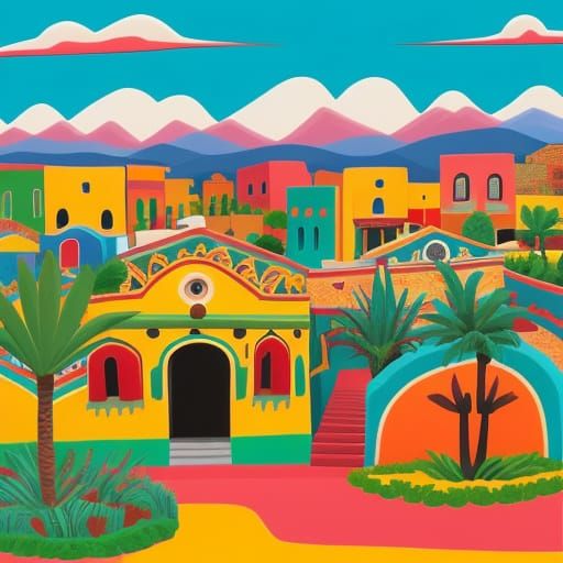 Vibrant Naive Mexican Village in Abstract Expressionist Styl...