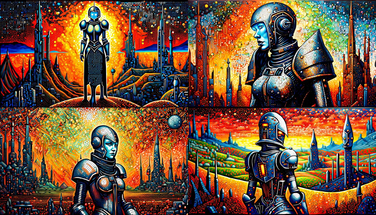 Cyberpunk Knight in Futuristic Landscape Acrylic Painting