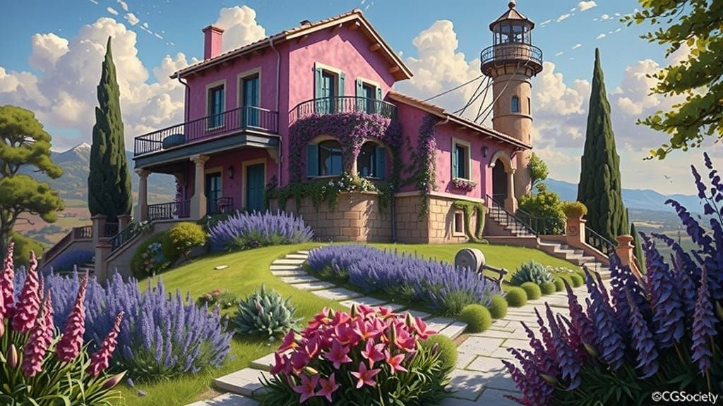 Mediterranean Villa with Lavender and Wisteria Blooms, Tower...