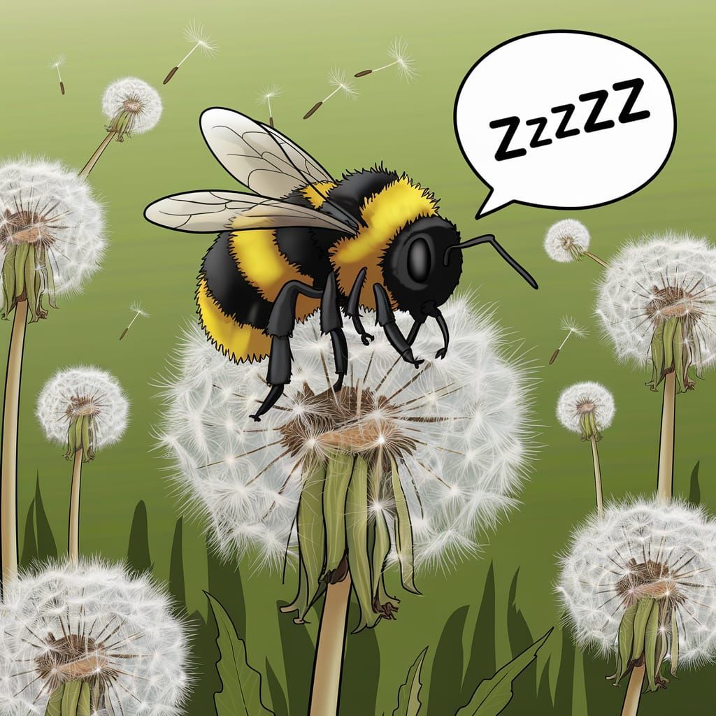 Cartoon Bumblebee Napping on Dandelion Flower
