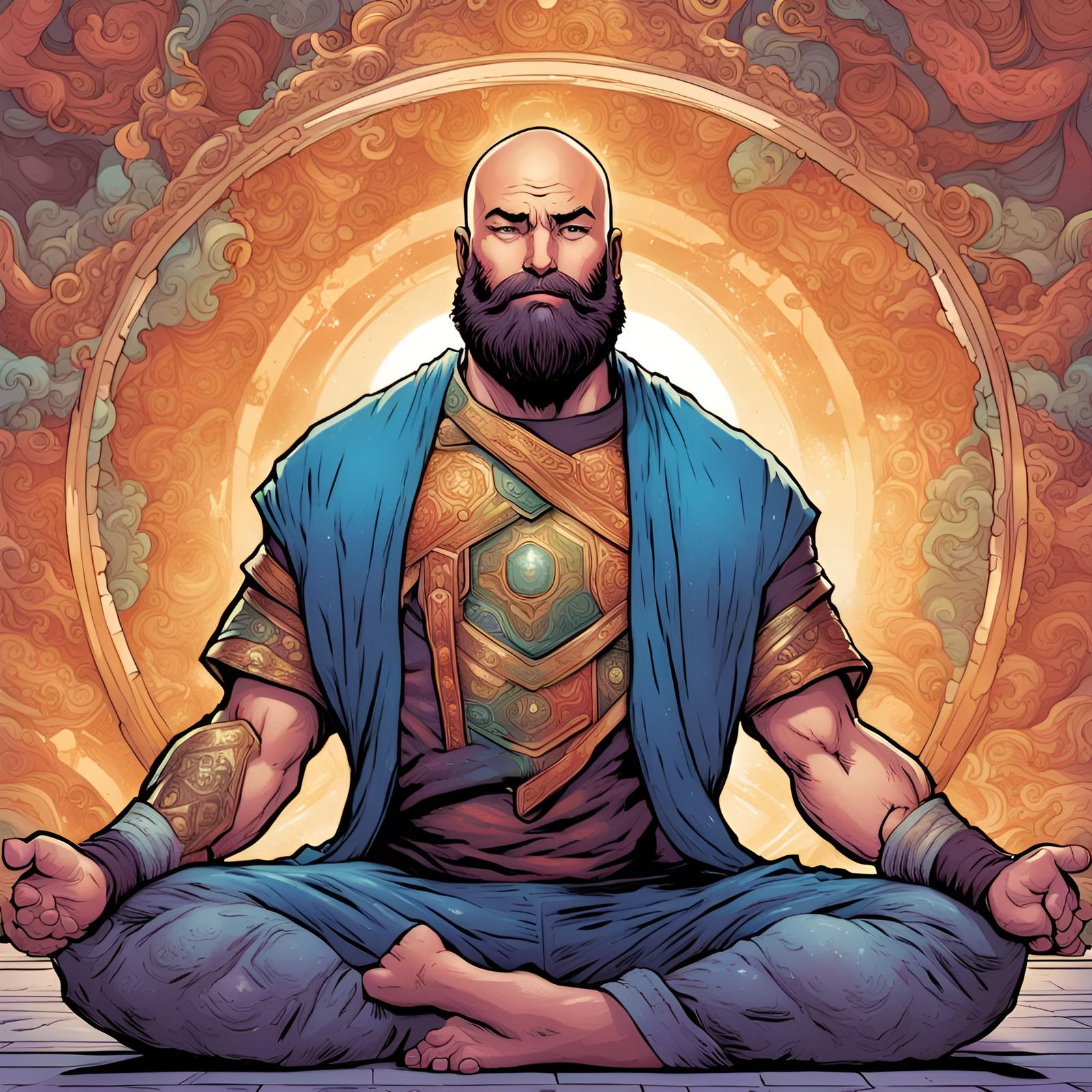Bearded Bald Man Doing Yoga in Comic Book Style