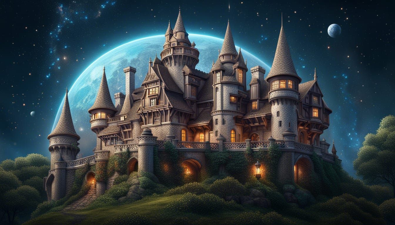 Enchanted Cosmic Castle: Detailed Fairytale Render