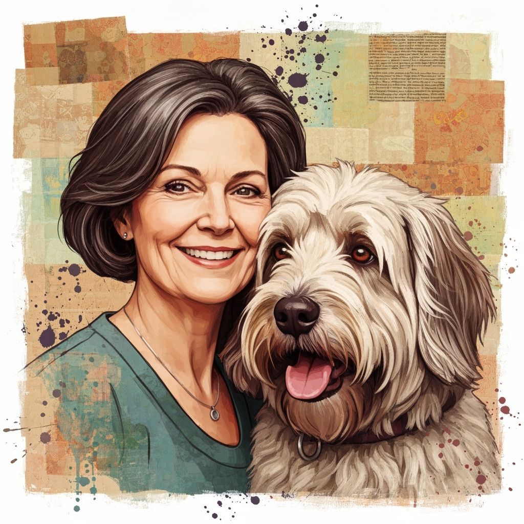 Mixed Media Collage of Smiling Woman and Shaggy Dog