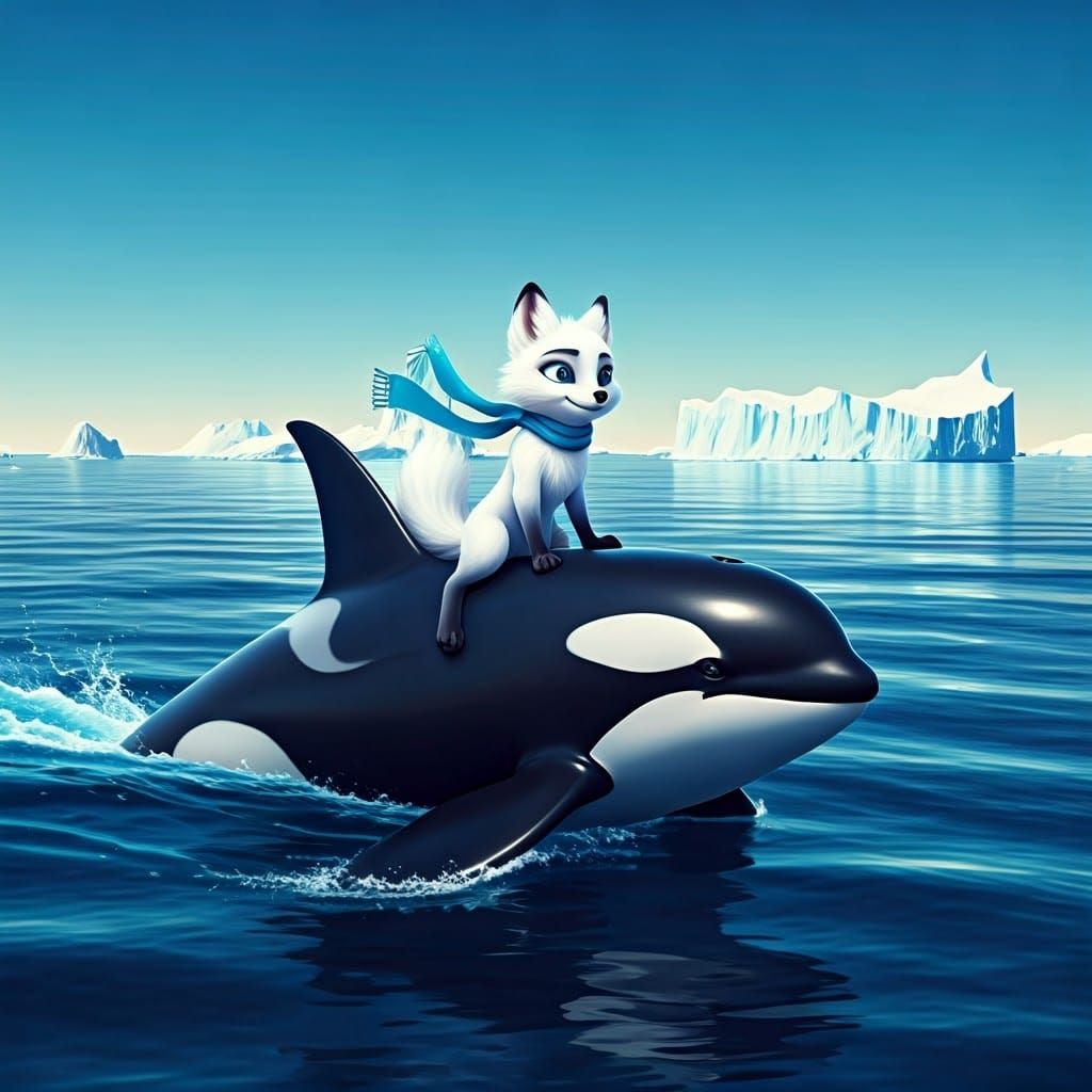 Stylish Arctic Fox Rides an Orca Across the Antarctic Ocean....