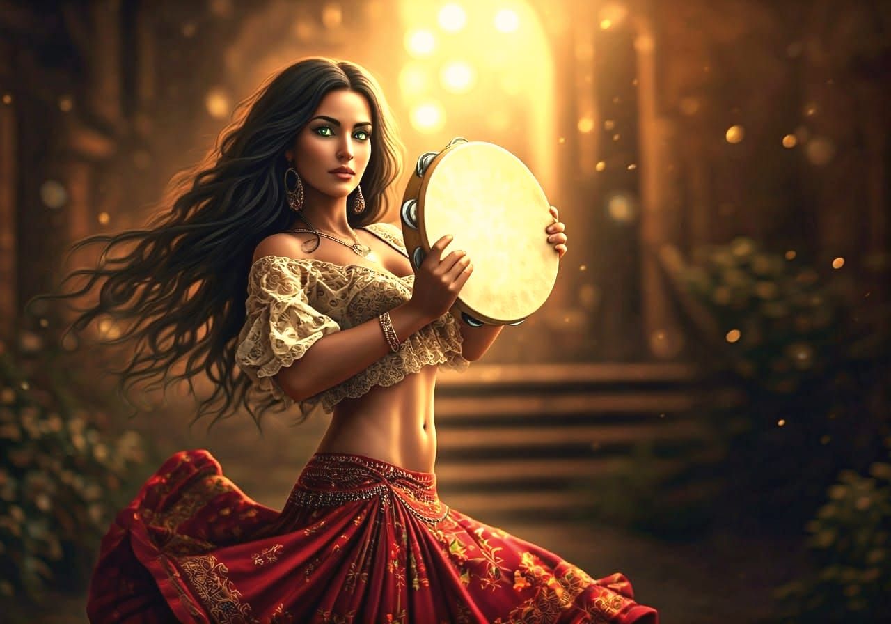 A Young Gipsy Woman Dances with Tambourine in a Dreamlike Sc...