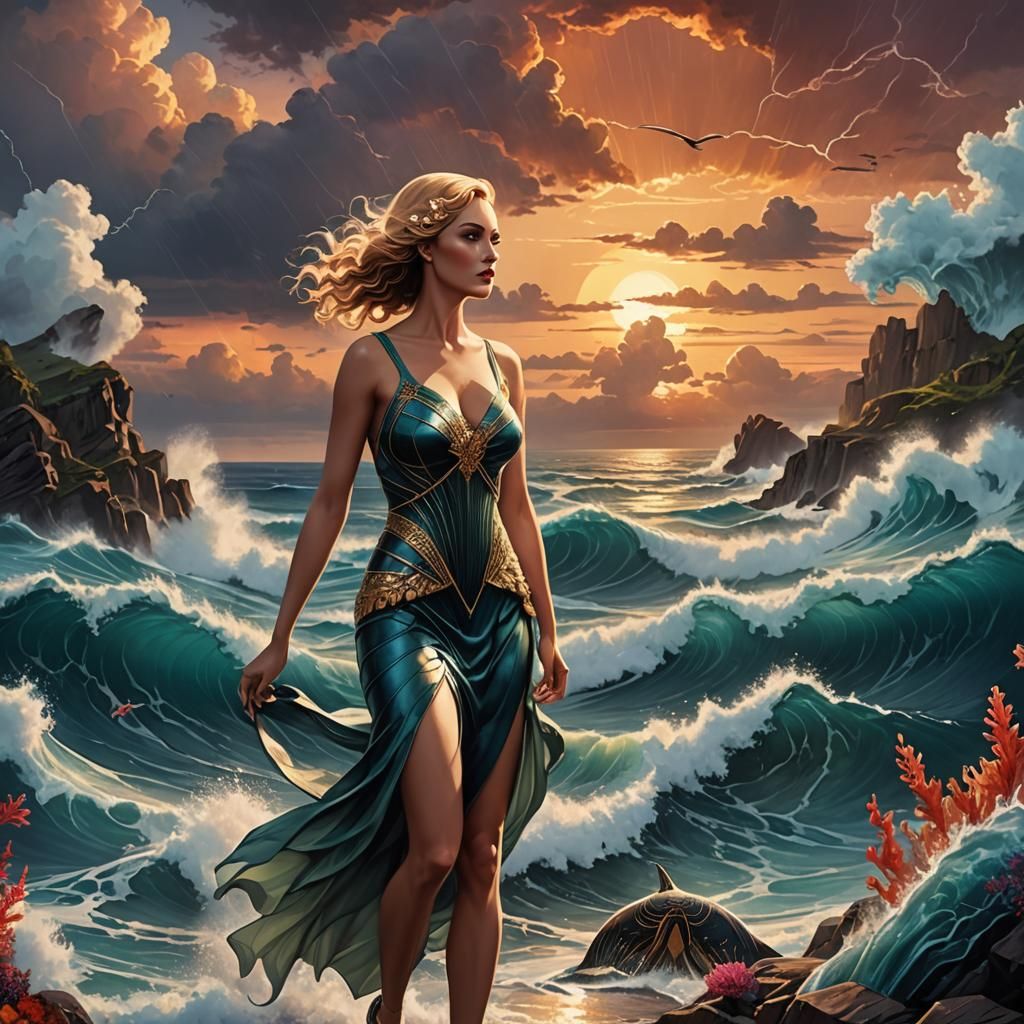 Ocean Creatures Emerge at Sunset: Art Deco Fantasy