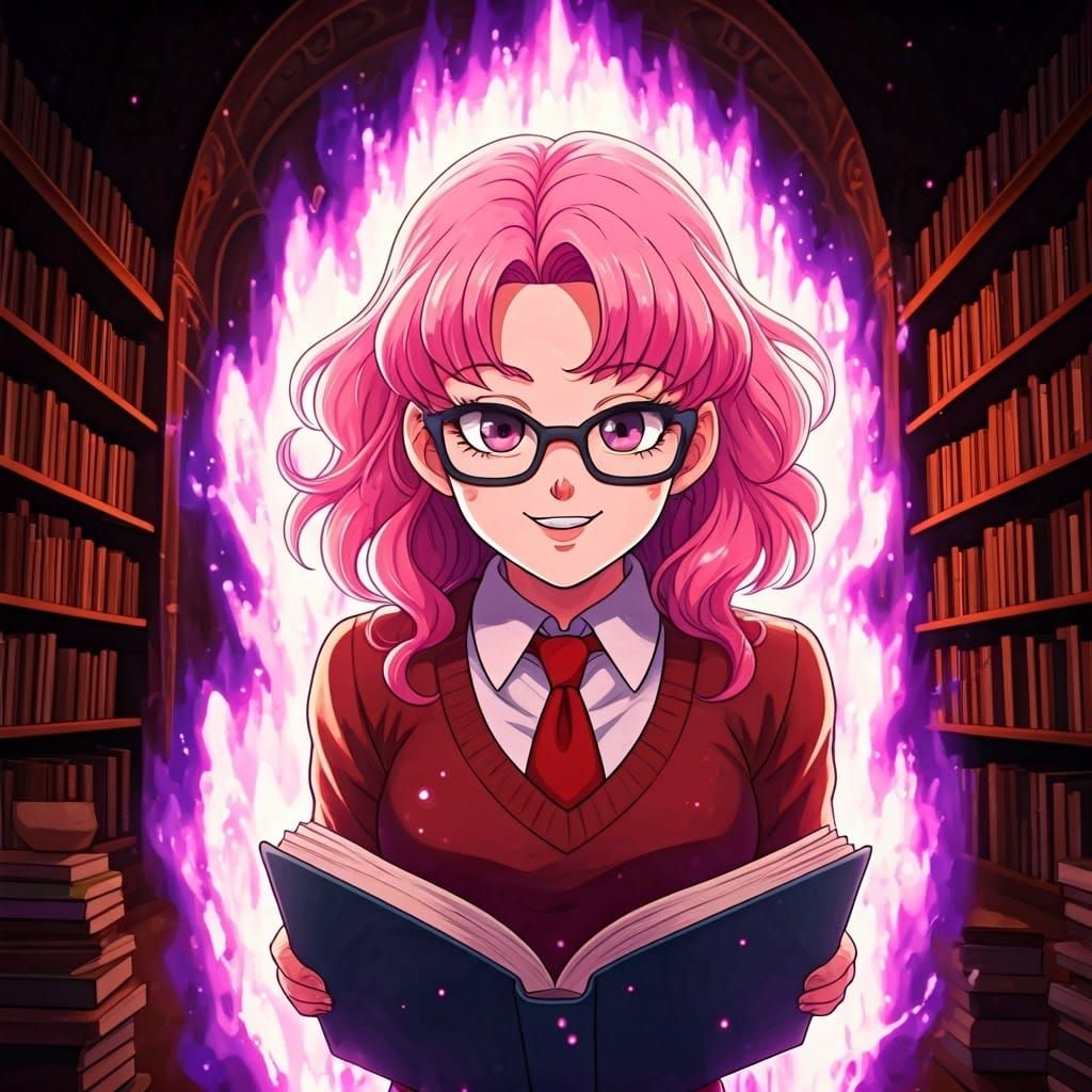 Joyful Librarian with Pink Hair in Manga Style