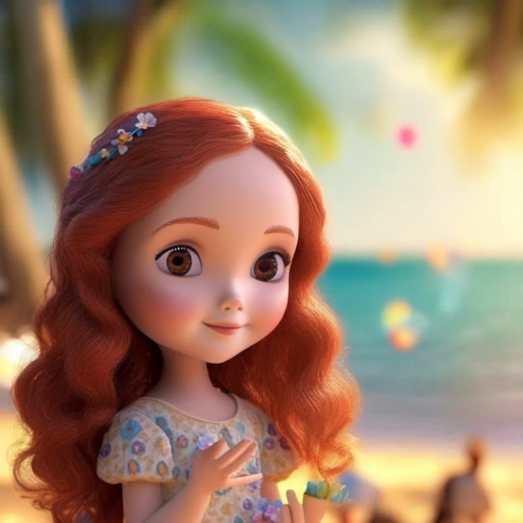 Pixar-Style Cartoon at Beach Party in 3D