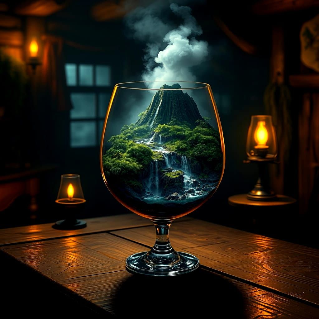 Volcanic Island Paradise Inside Brandy Glass on Oak Table
