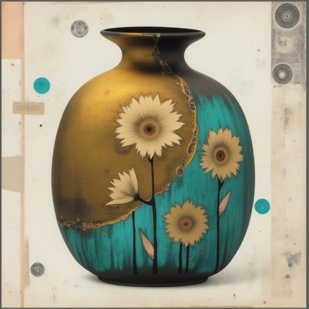 Minimalist Kutani Vase with Gold and Turquoise Ombre Glaze