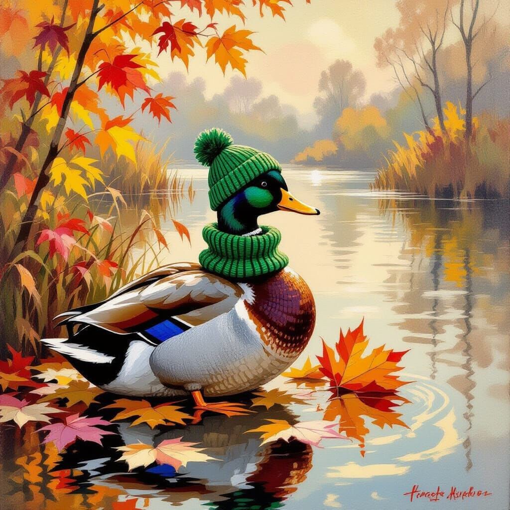 Cozy Duck in Knit Hat on Autumn Leaf
