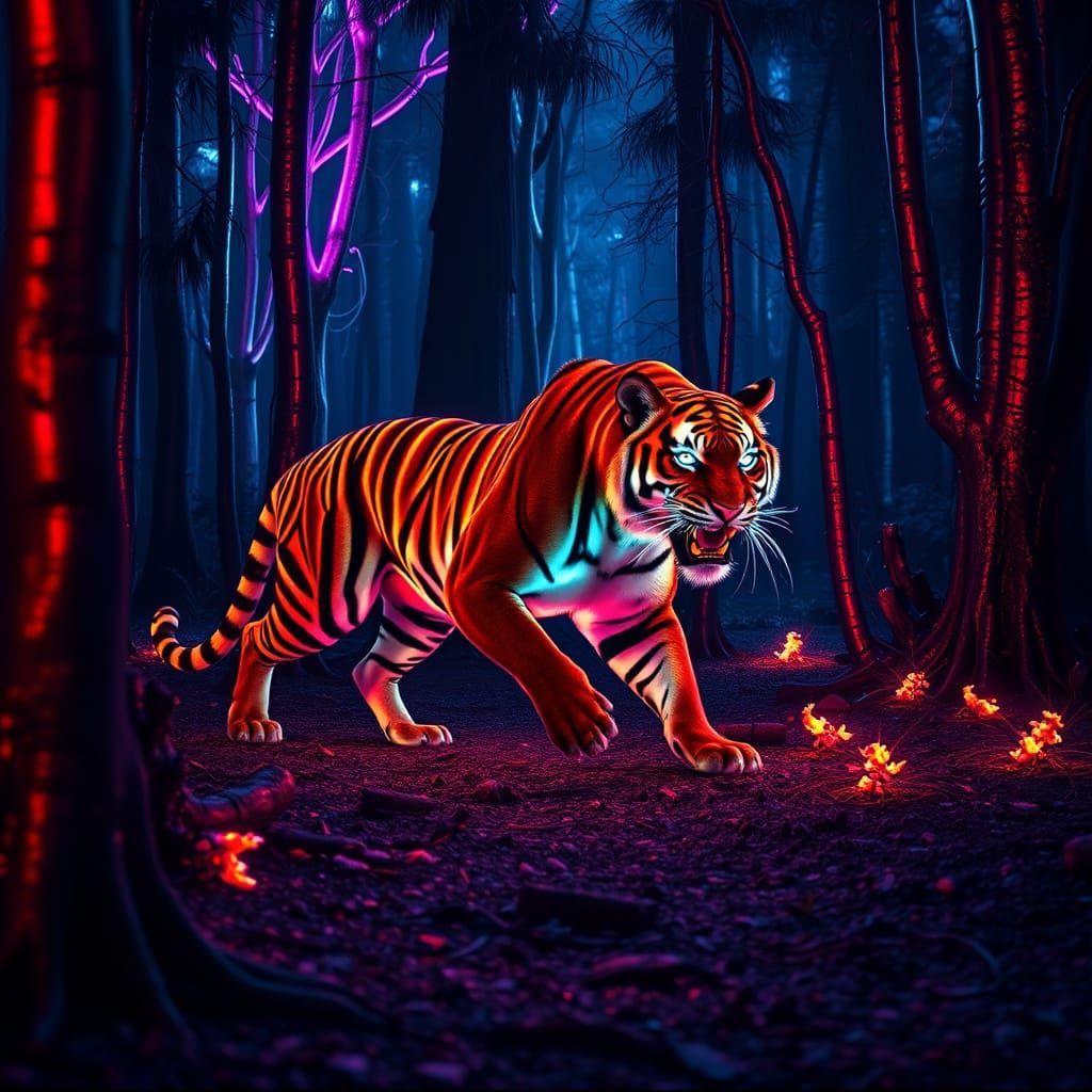 Neon Tasmanian Tiger in Synthwave Forest