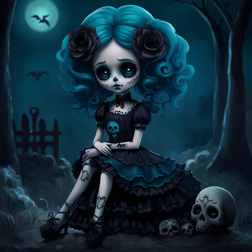 Eerie Sugar Skull Doll in Gothic Style