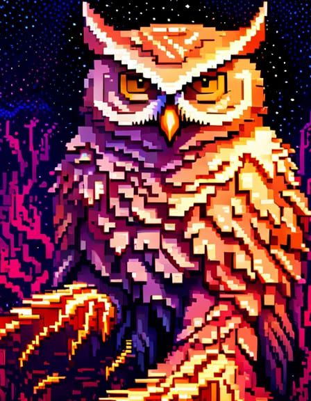 Cosmic Owl on Tree: 16-bit Pixel Art