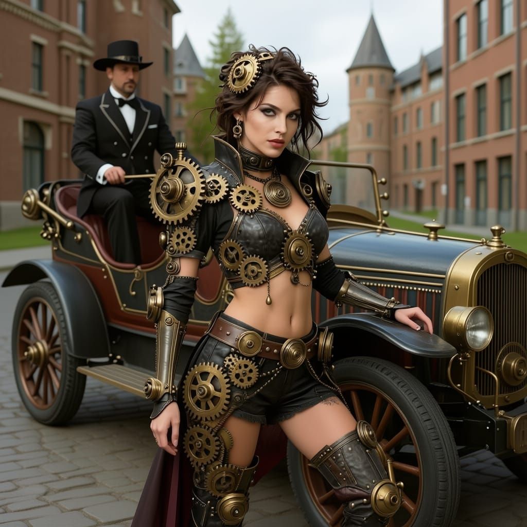 Steampunk Model Poses With Futuristic Car