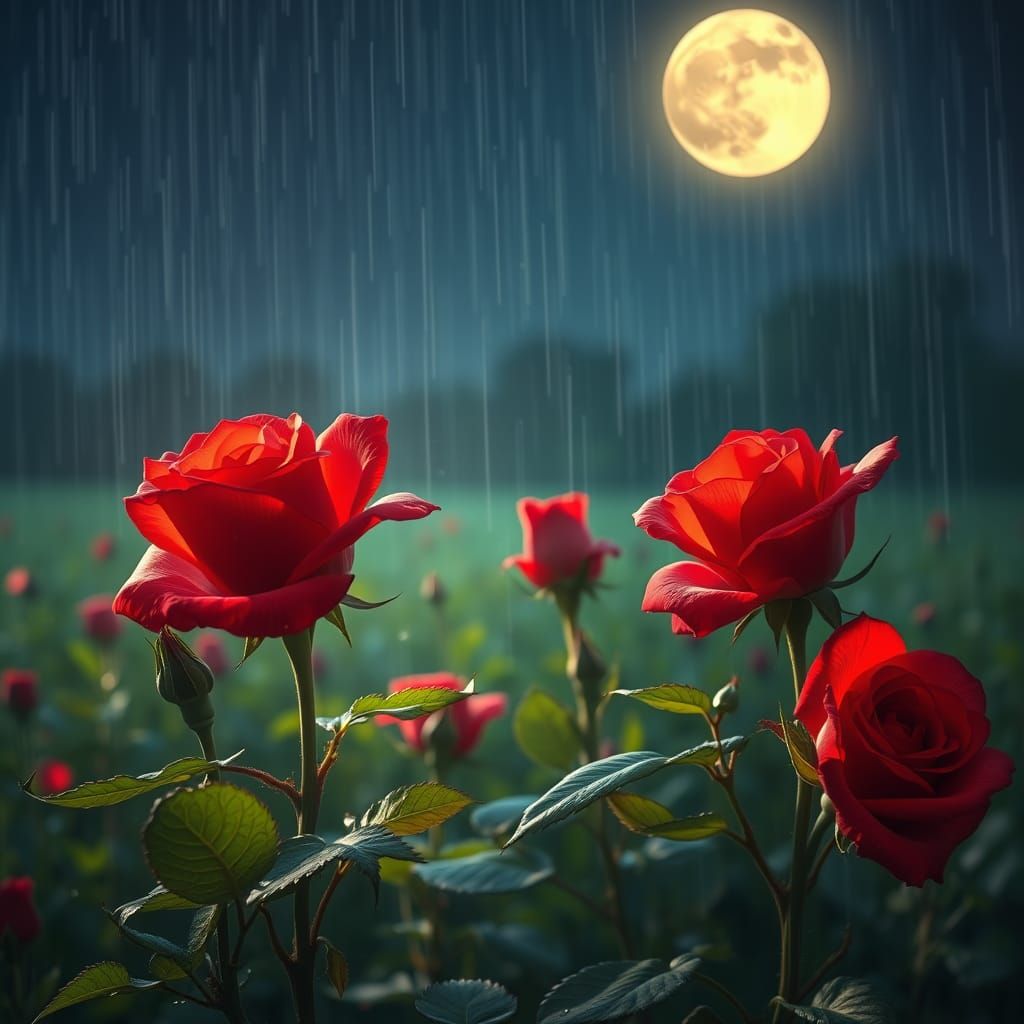Roses in a Field Glowing with Rain under Starry Night