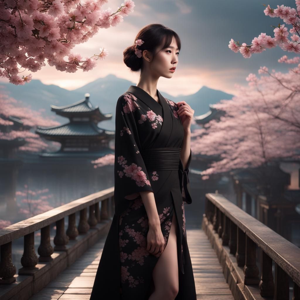 Japanese Model in Black Dress with Cherry Blossoms