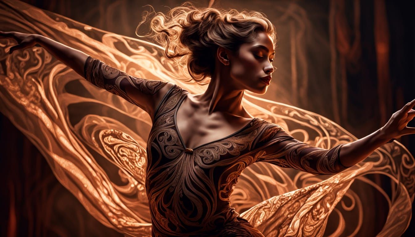 Beguine Dancer on Dimly Lit Stage, Art Nouveau Style