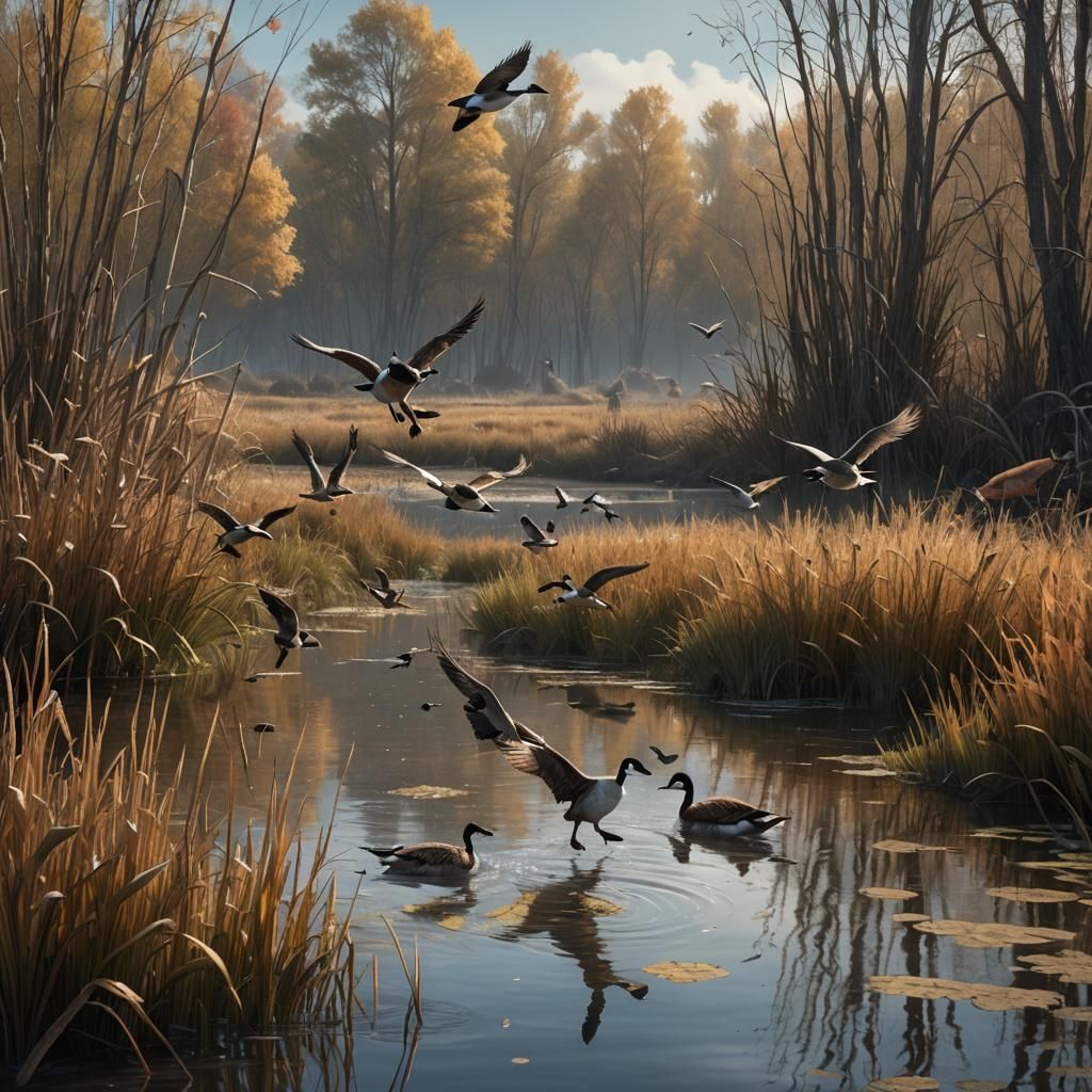 Canadian Geese in Marsh with Hound, Matte Painting