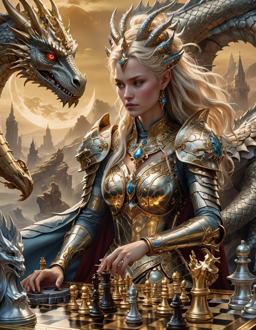 Goddess with Moon Dragon Playing Chess, Fantasy Art
