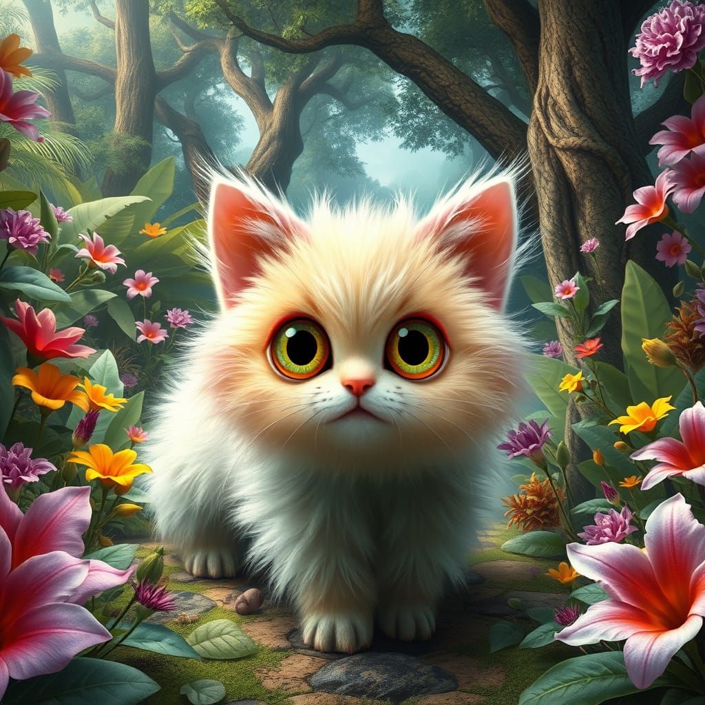 Hyperrealistic Fuzzy Cat-Caterpillar Hybrid in Botanical Gar...