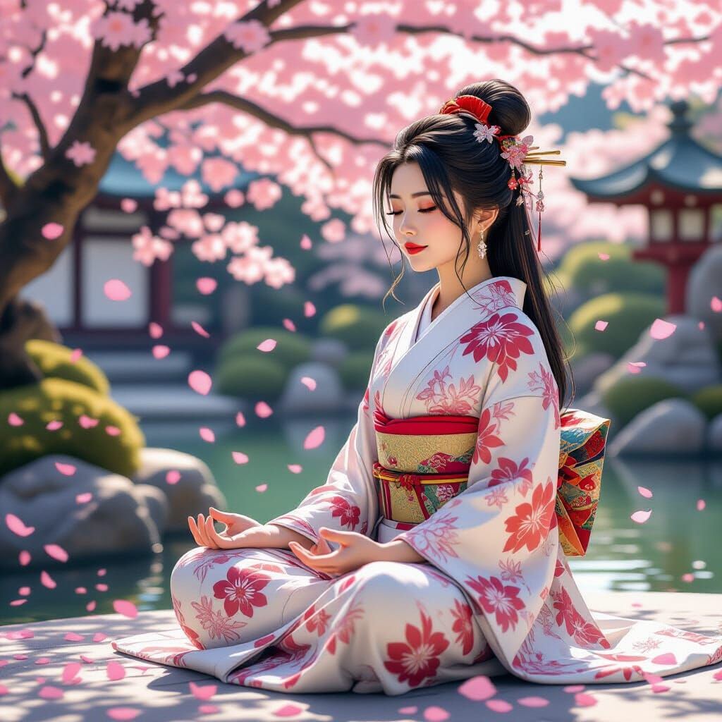 Woman Meditating in Zen Japanese Garden