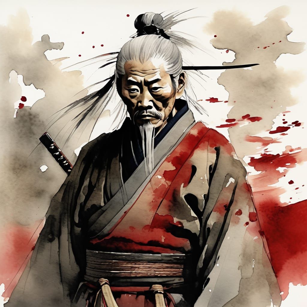 Aging Warlord Portrait in Japanese Ink and Watercolor