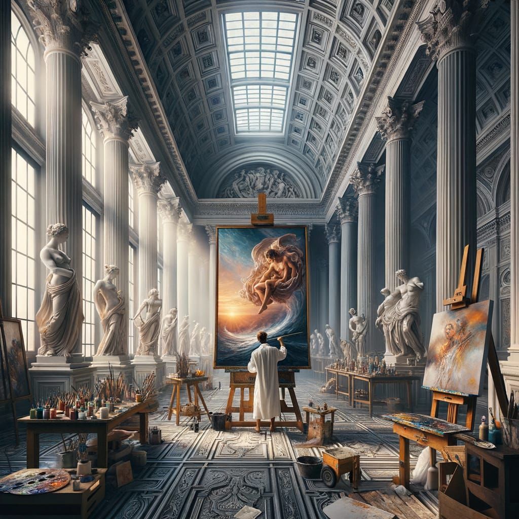 Artist in Renaissance-Style Studio Paints Futuristic Birth o...