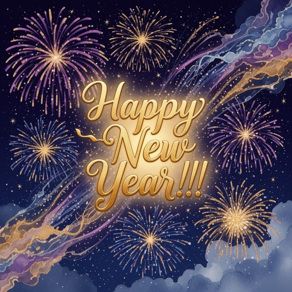 Shimmering Golden "Happy New Year" With Fireworks