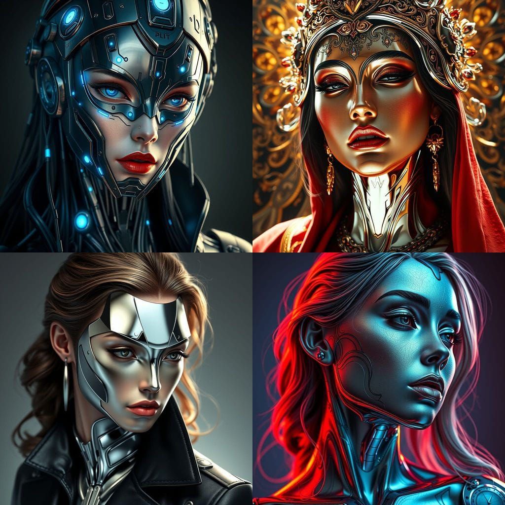 Glamorous Woman with Metallic Chrome Face in Triadic Hues