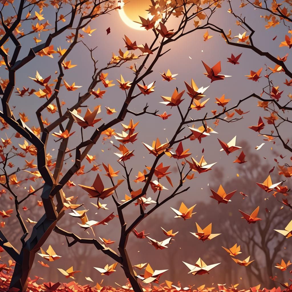 Vibrant Origami Tree Sunset in Anime Style