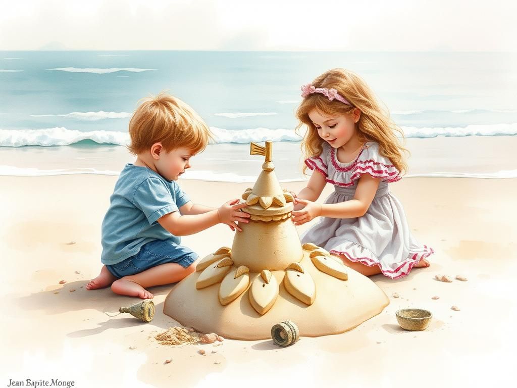 Children Build Sandcastle: Watercolor Fantasy Art