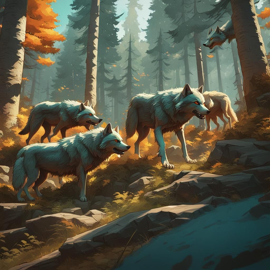 Wolves Attack in Forest: Dynamic Lighting and Detail