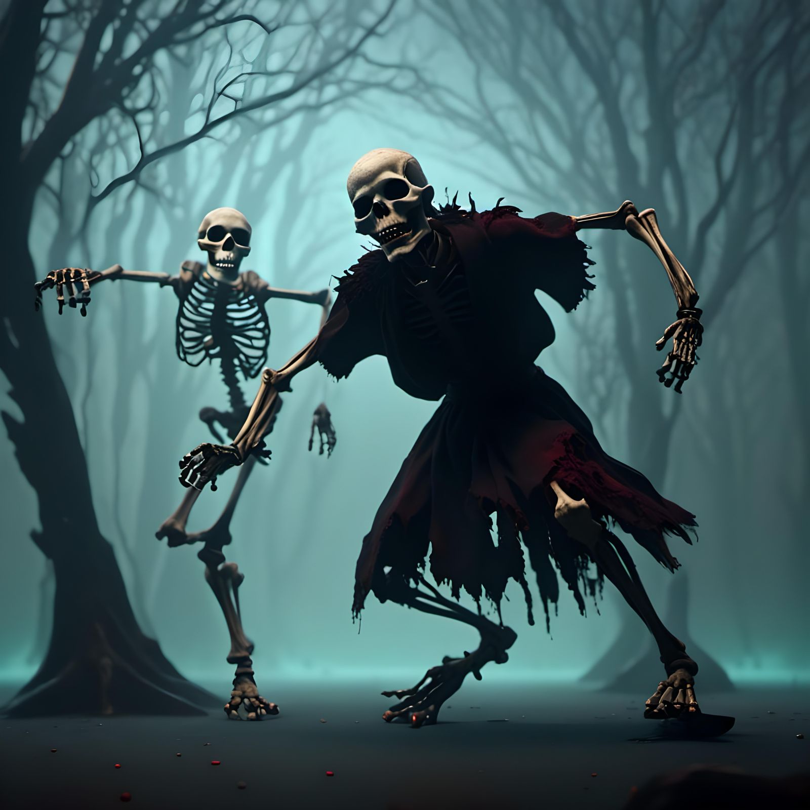 Spooky Skeletons Dance on Stage in Vibrant Colors