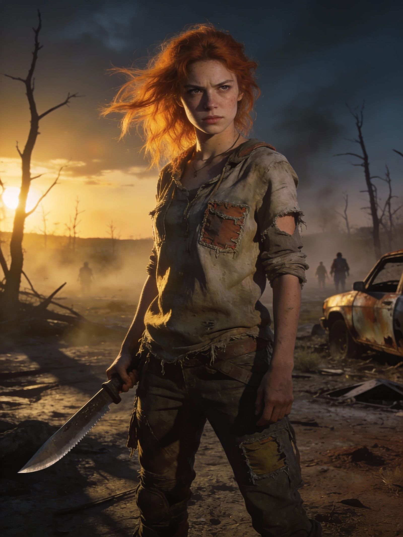 Survivor Woman with Machete in Golden Dusk Landscape