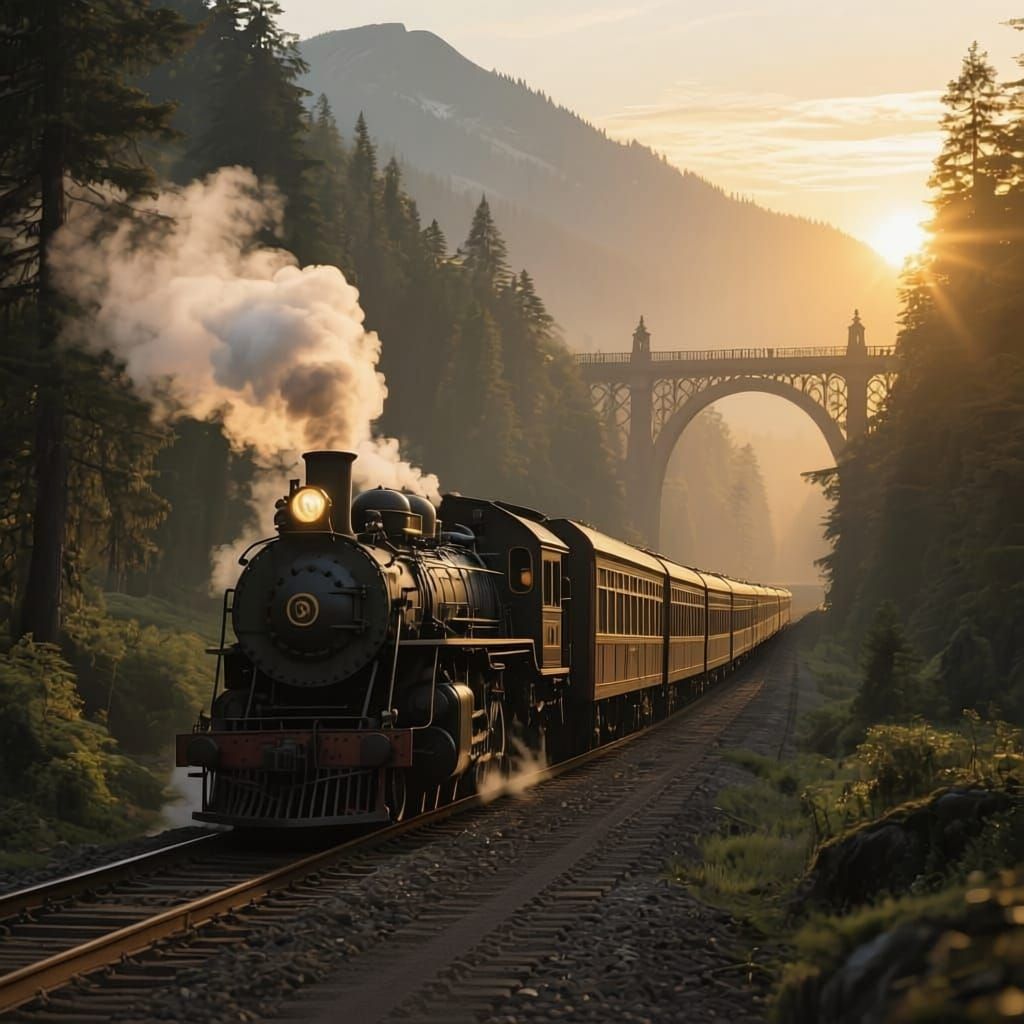 Photorealistic Steam Train Ascends Mountain Forest at Sunris...