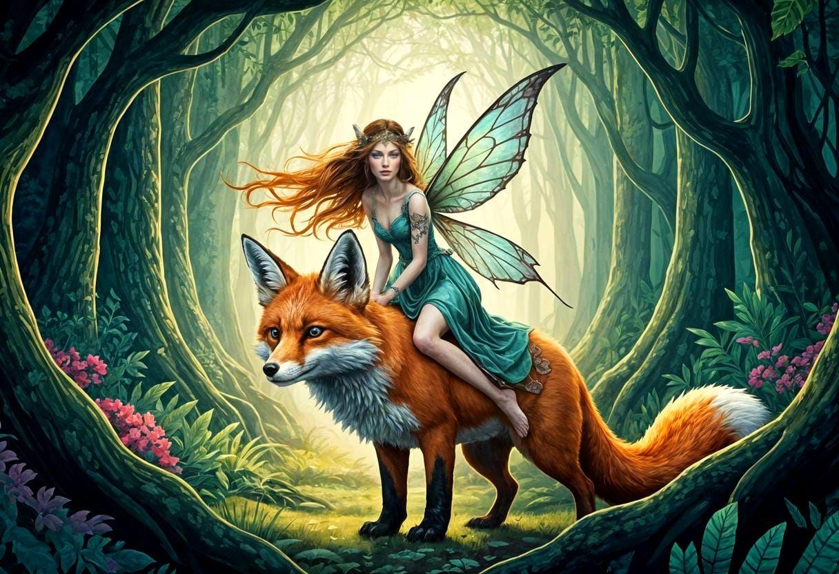 Enchanted Fairy Riding a Fox Watercolor Illustration