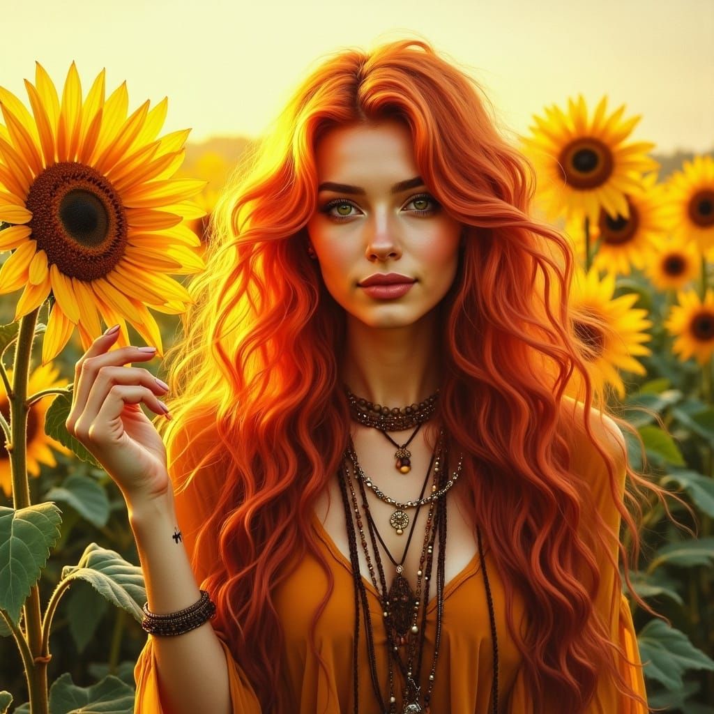 Soft Portrait of a Red-Haired Boho Woman in a Sunflower Fiel...