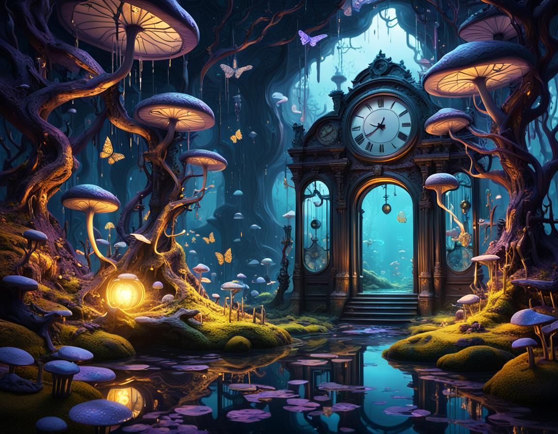 Surreal Dark Fantasy Landscape with Clockwork Butterflies