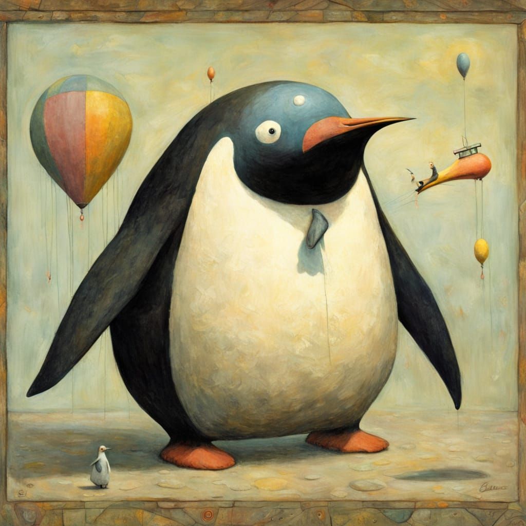 Whimsical Penguin in Surreal Landscape