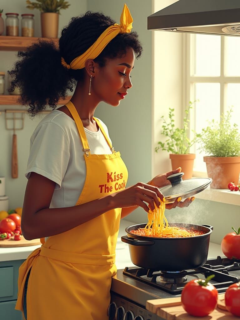 Black Woman Cooking Spaghetti in Luminous Liquid Style