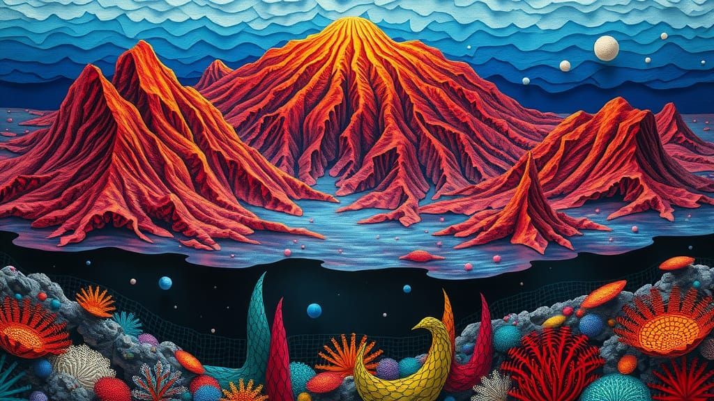 Coral Reef Mountains and Underwater Volcano in Origami Style