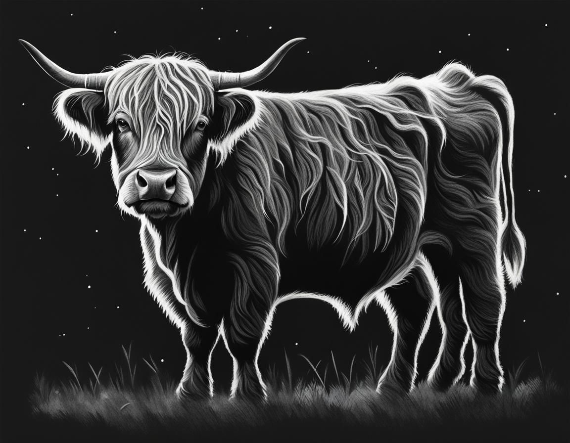 Highland Cow Chalk Sketch on Black Paper