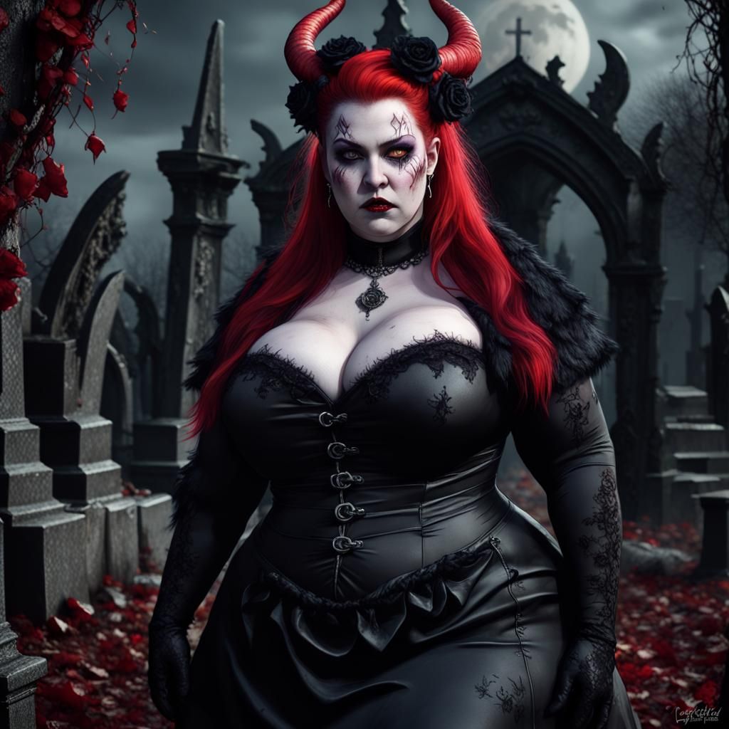 Tiefling in Gothic Dress in Haunted Graveyard